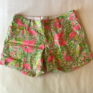 Lilly Pulitzer Callahan shorts in whimsical flamingo print. Size 0